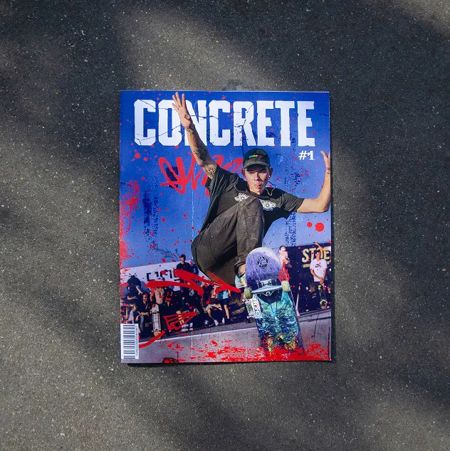 Couverture du magazine Concrete numéro 1, avec un skateur en pleine figure sur un fond de ciel bleu
