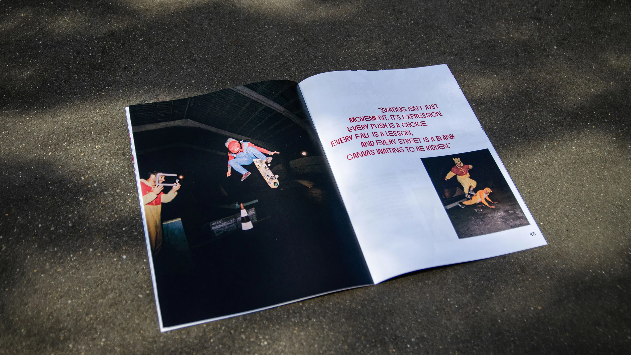 Double page éditoriale du magazine Concrete présentant une série de photos mettant en valeur une citation
