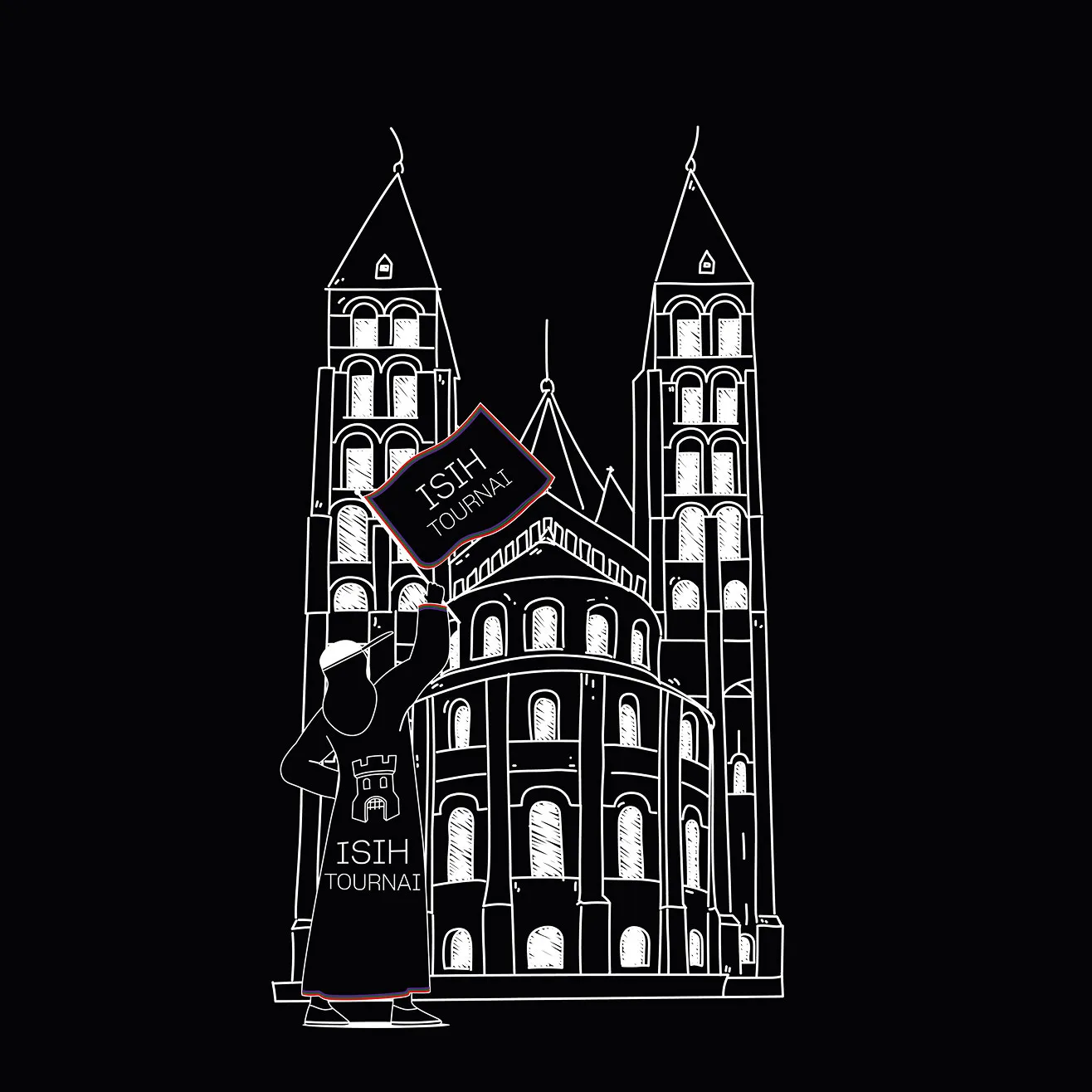 Illustration d'un baptisé devant la Cathédrale de Tournai
