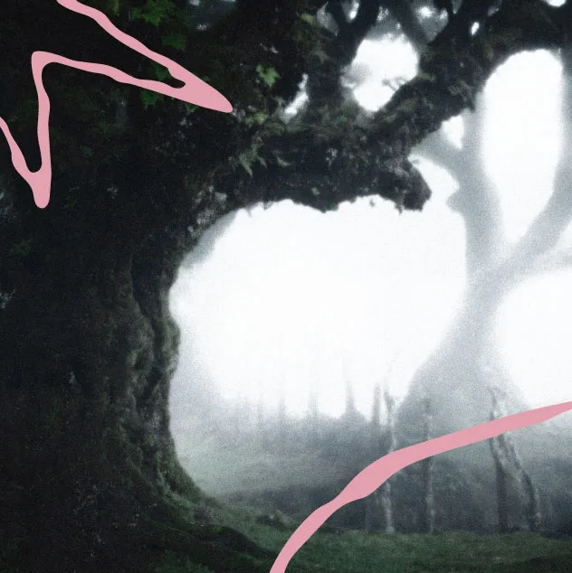 Éléments graphiques roses sur une image de forêt mystique